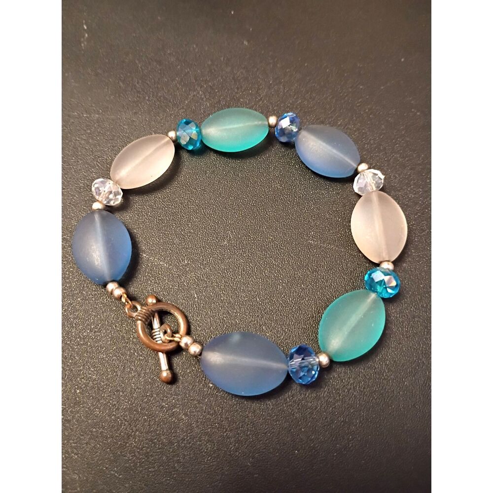 Sea Glass Silver Accent Frosted Blue and Teal Beads with a Toggle Clasp Bracelet